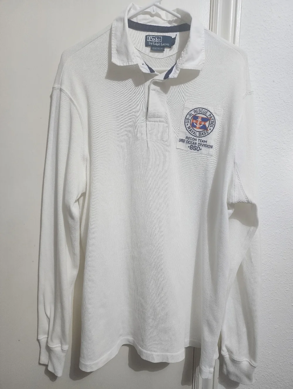 Ralph Lauren Men Vintage Naval Patch Polo Shirt White Long Sleeve Custom Fit L